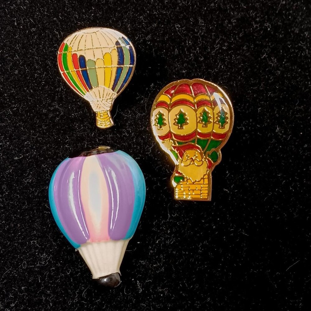Vintage Hot Air Balloon Pin Lot of 3 Colorful Plastic Taiwan Metal Santa Rainbow